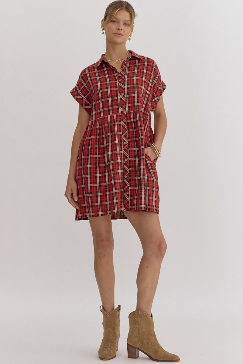 Plaid Button Down Mini Dress - Red