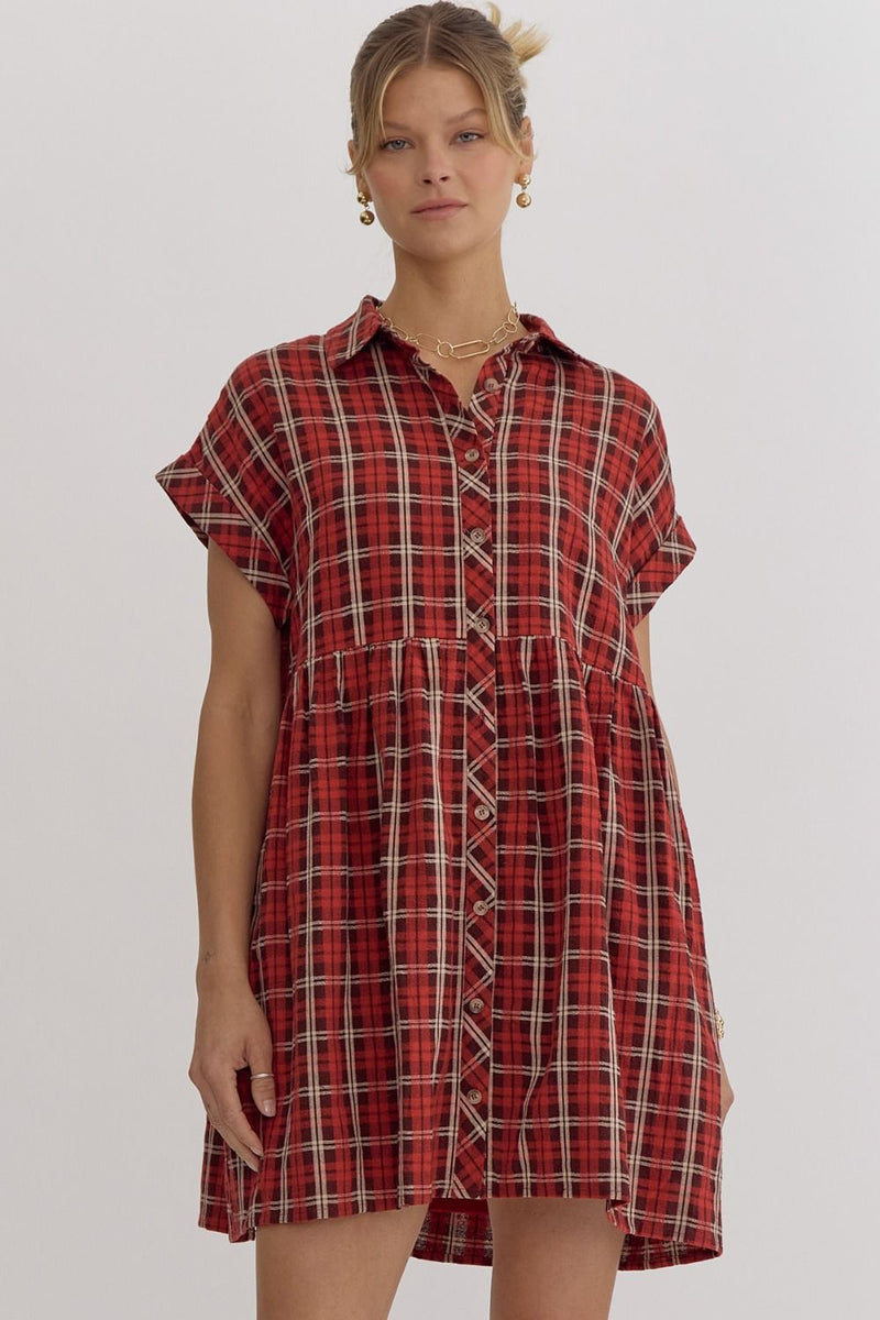 Plaid Button Down Mini Dress - Red