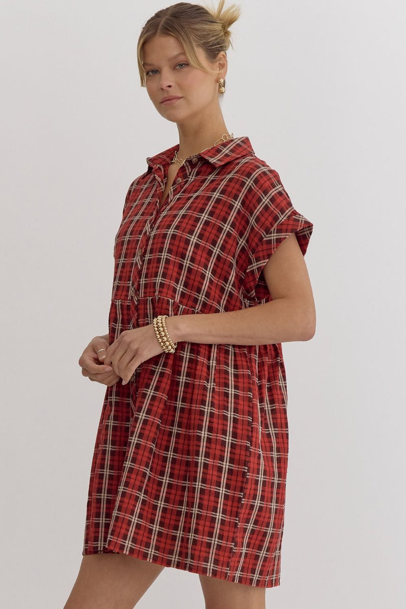 Plaid Button Down Mini Dress - Red