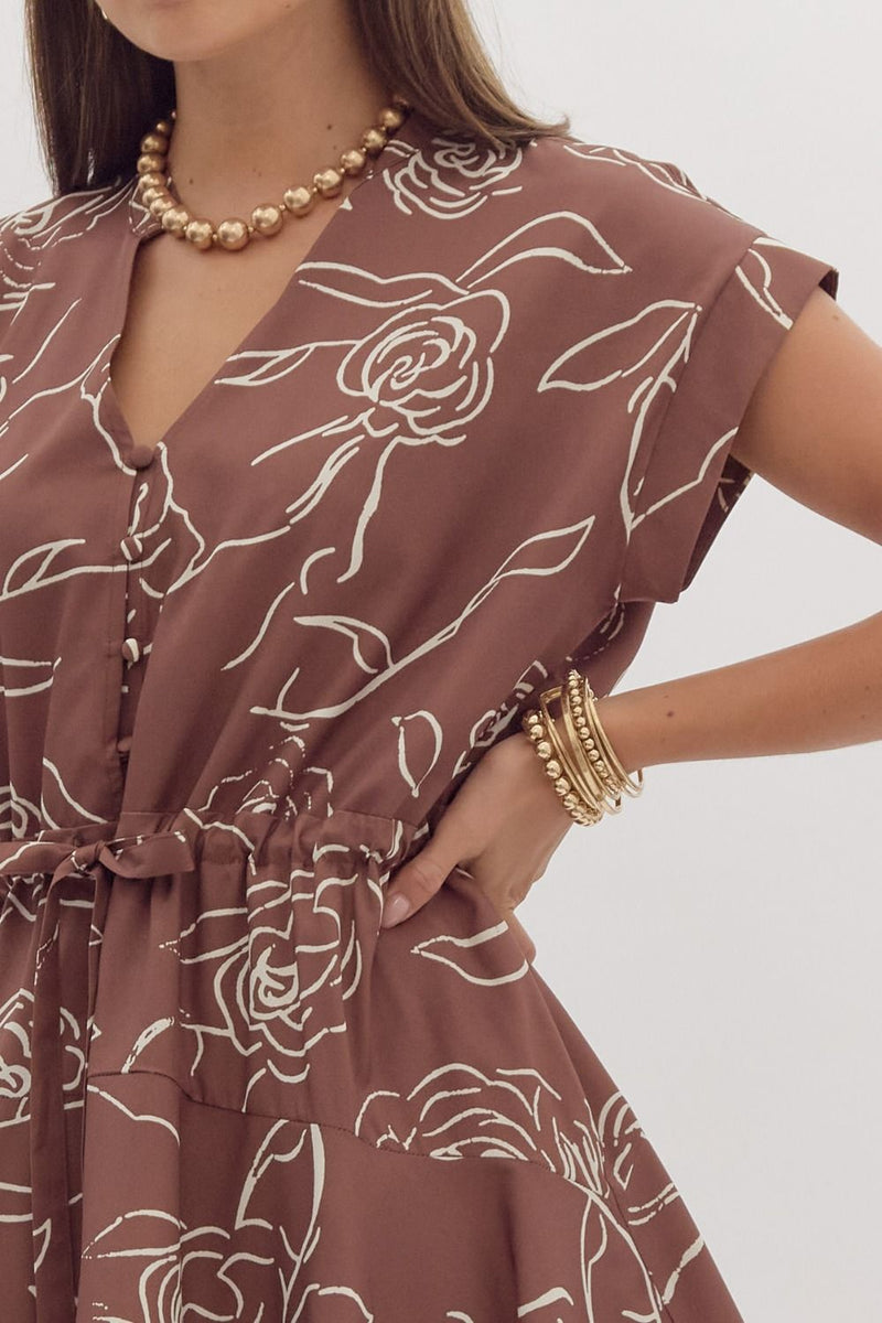 Floral Print Cap Sleeve Mini Dress - Brown