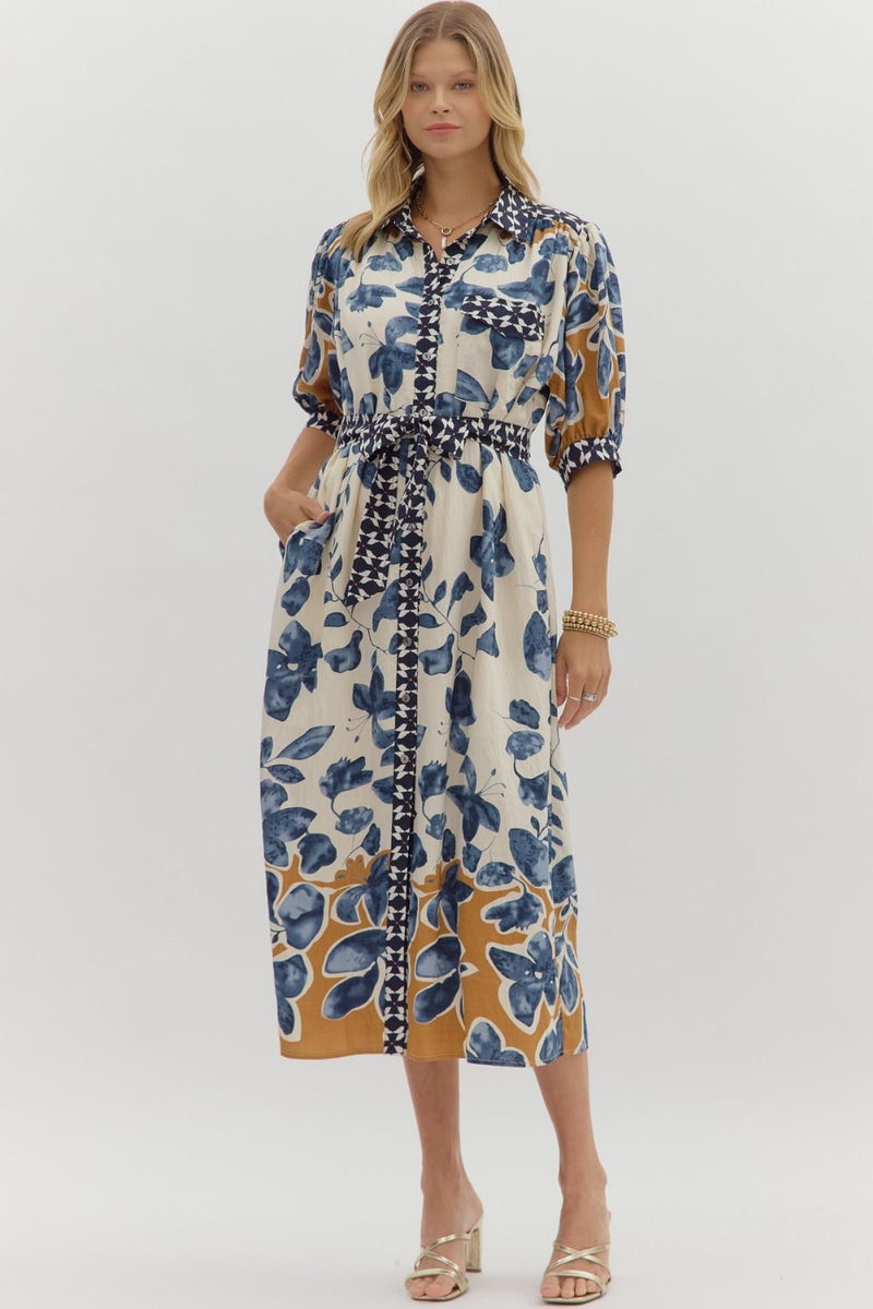 Botanical Print Midi Dress - Slate Blue