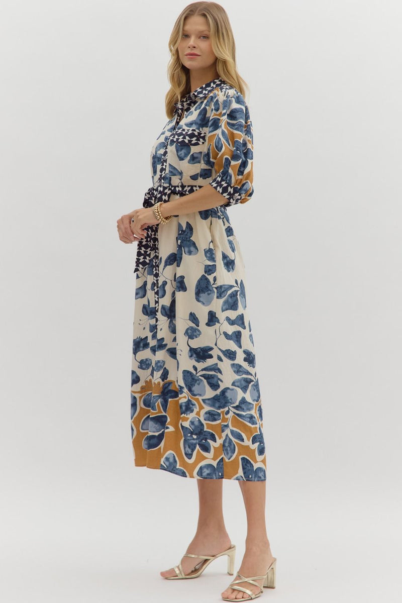 Botanical Print Midi Dress - Slate Blue