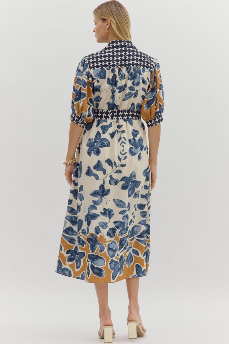 Botanical Print Midi Dress - Slate Blue