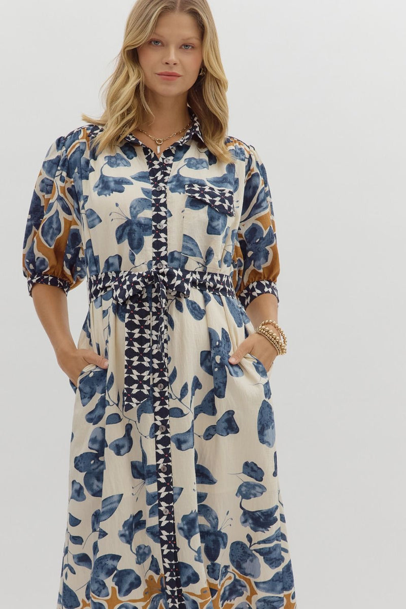 Botanical Print Midi Dress - Slate Blue
