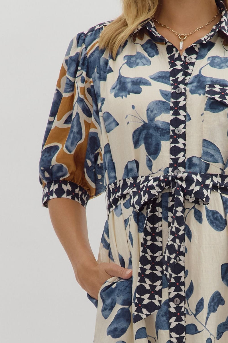 Botanical Print Midi Dress - Slate Blue