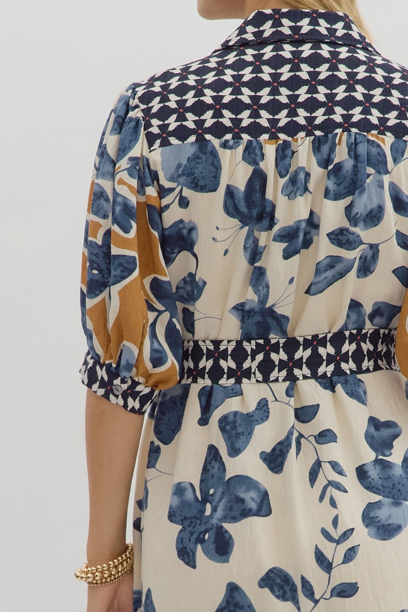 Botanical Print Midi Dress - Slate Blue