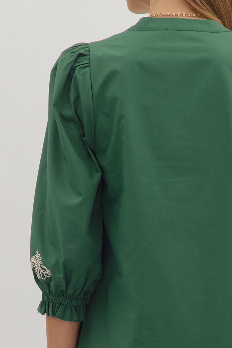 3/4 Sleeve Mini Dress With Embroidery - Hunter Green