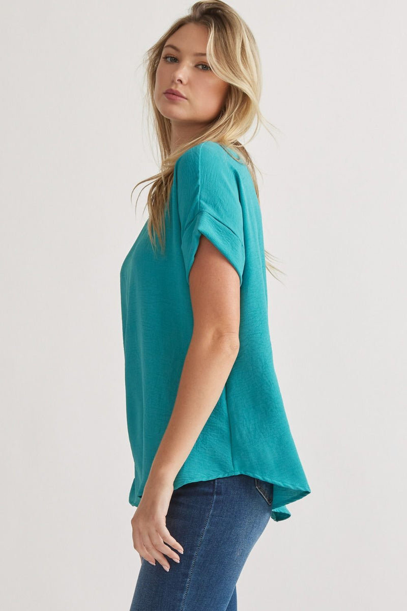 FINAL SALE Woven Scoop Neck Top Short Sleeve - Turquoise - Sizes S-2XL