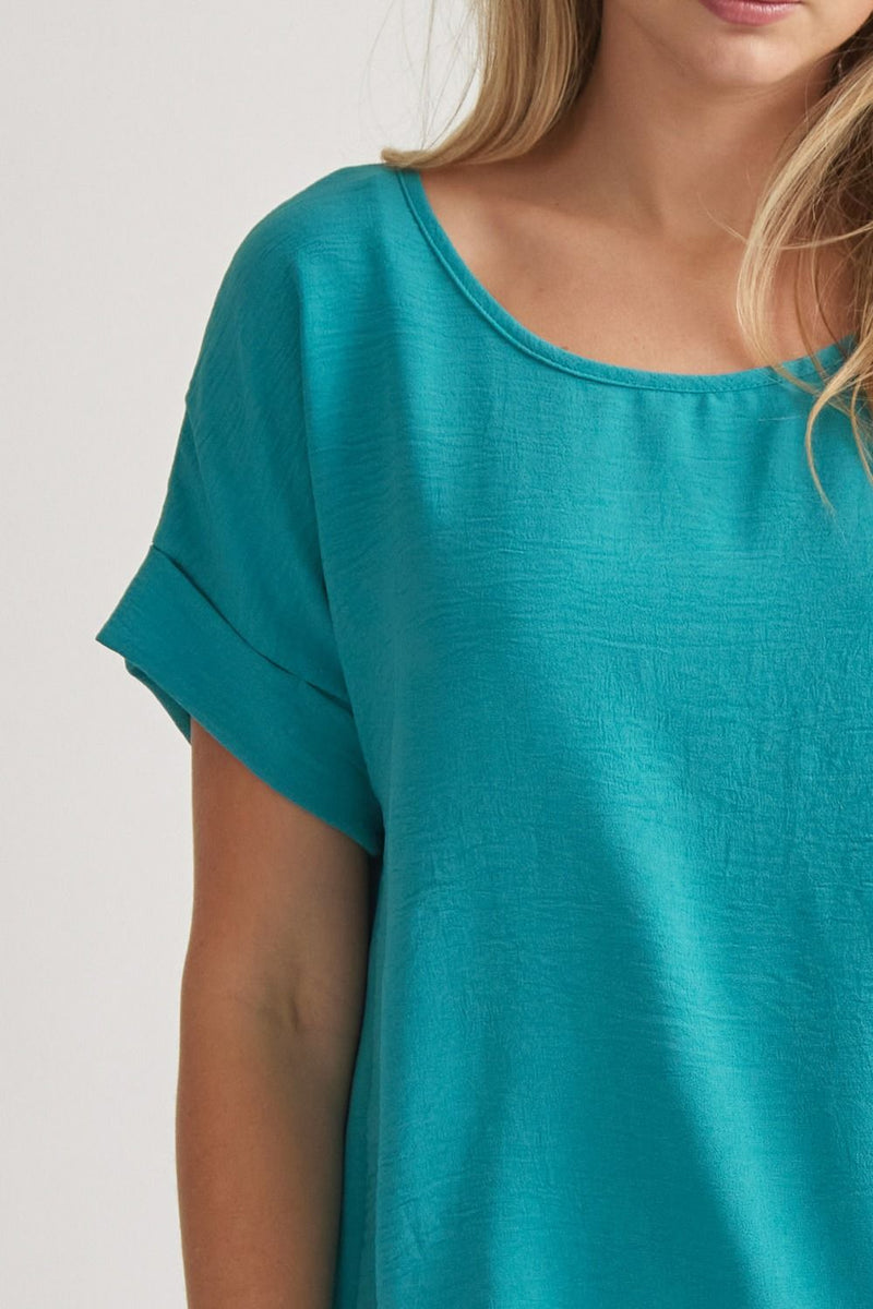 FINAL SALE Woven Scoop Neck Top Short Sleeve - Turquoise - Sizes S-2XL