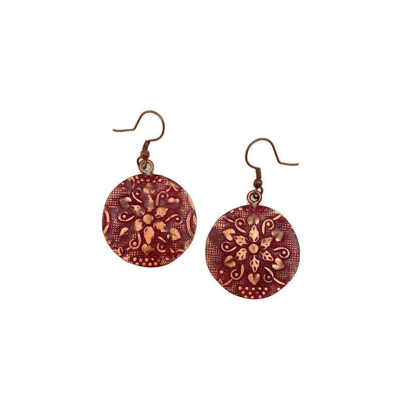 Anju Copper Patina Earrings – Red Botanical Print Circles