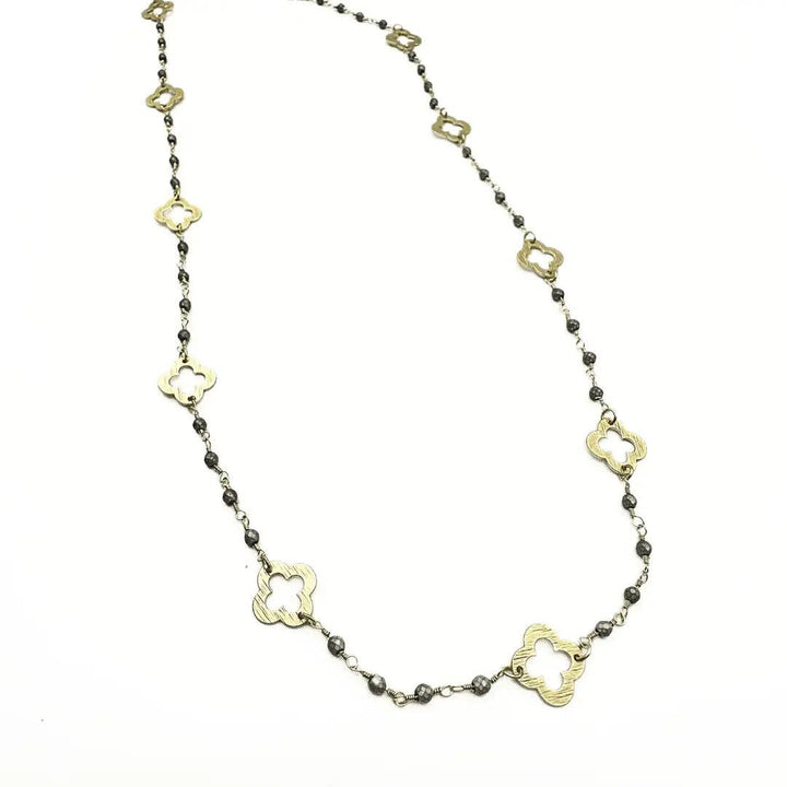 Erin Gray Gold Clover and Petite Matte Gray Beaded Long Necklace