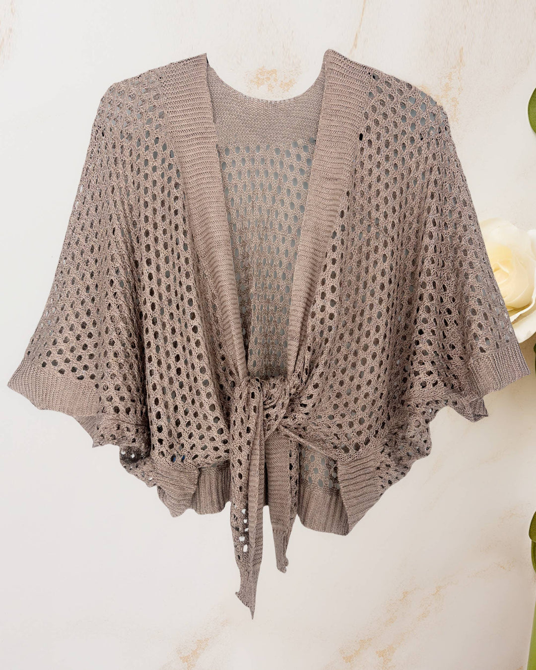 Eyelet Open-Knit Metallic Cardigan with Front Tie