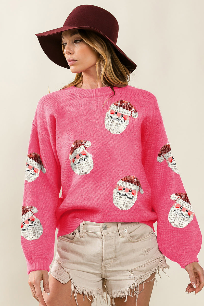 Sequin Santa Patches Sweater - Pink