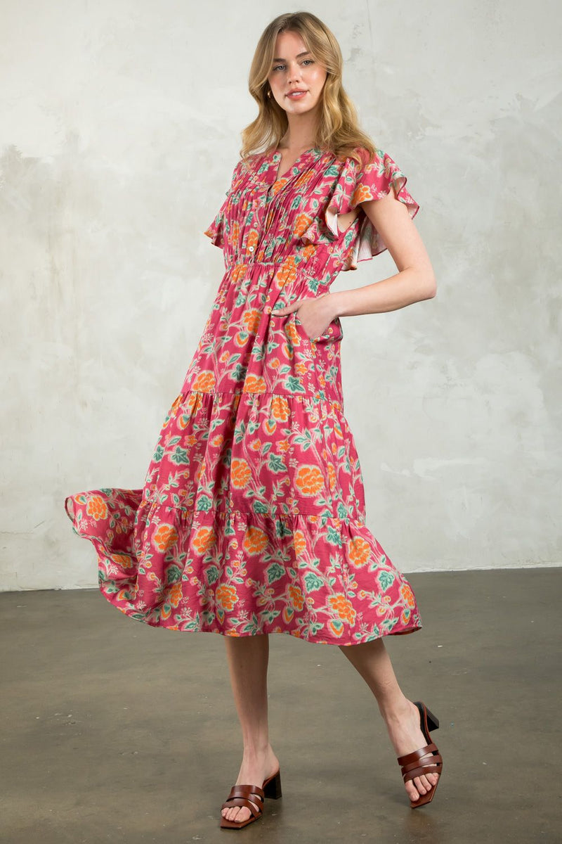 FINAL SALE THML Flutter Sleeve Tiered Print Dress  FTM2718