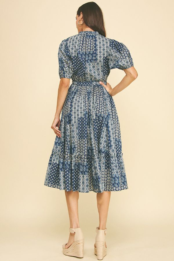 Floral Print Tiered Midi Dress - Navy