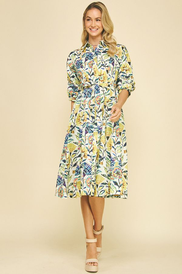 Floral Button Down Midi Dress - Cream Multi