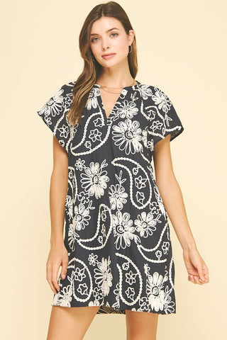 Floral Print Embroidered Mini Dress - Navy