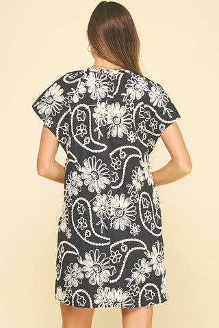 Floral Print Embroidered Mini Dress - Navy