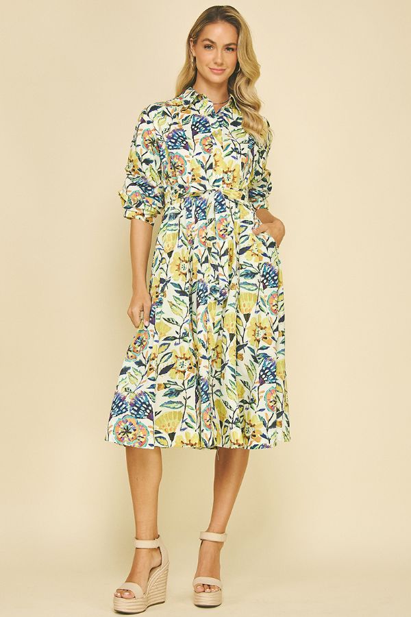 Floral Button Down Midi Dress - Cream Multi