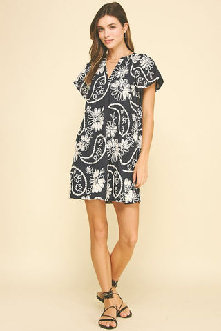 Floral Print Embroidered Mini Dress - Navy