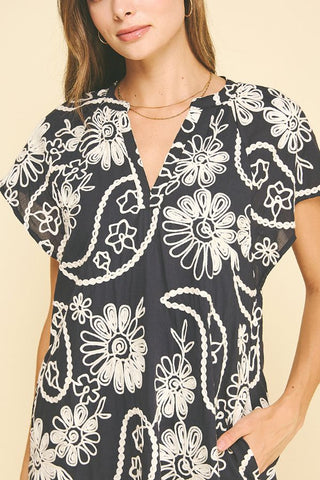 Floral Print Embroidered Mini Dress - Navy