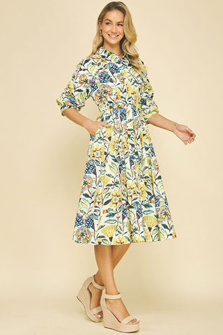 Floral Button Down Midi Dress - Cream Multi