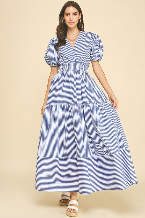 Striped Tiered Maxi Dress - Deep Blue