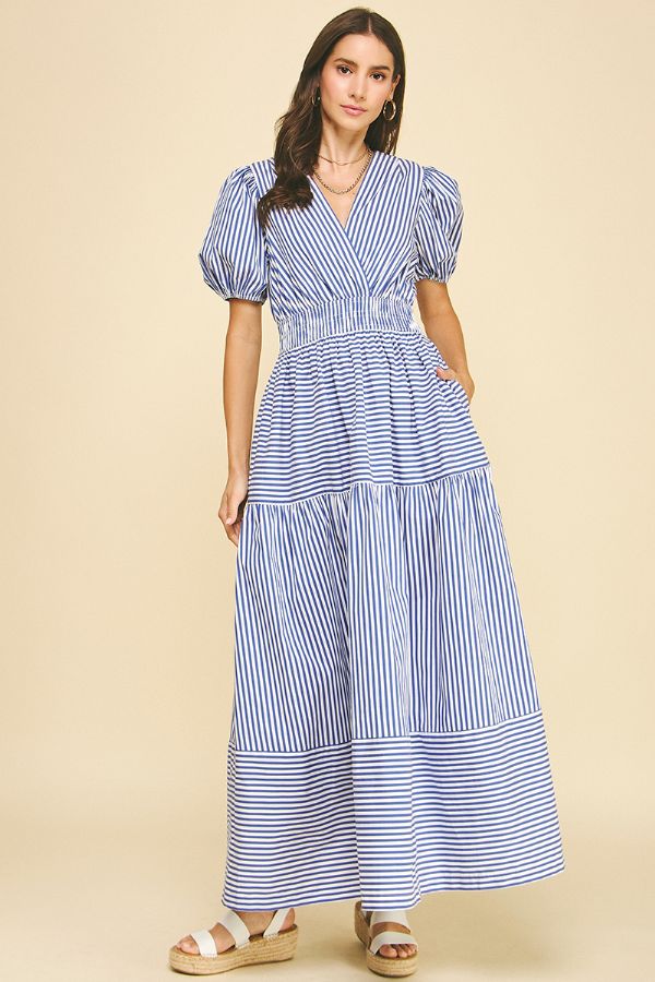 Striped Tiered Maxi Dress - Deep Blue