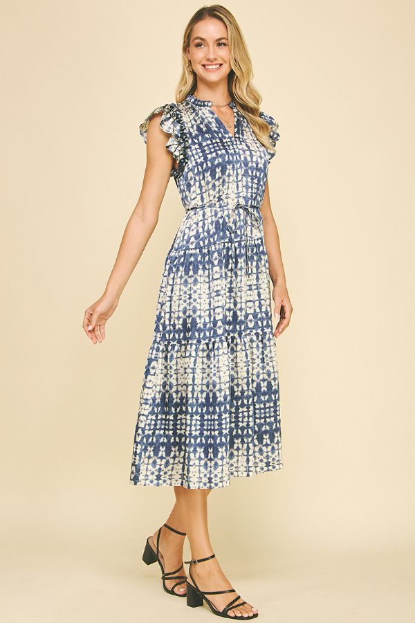 Print Tiered Midi Dress - Dusty Navy
