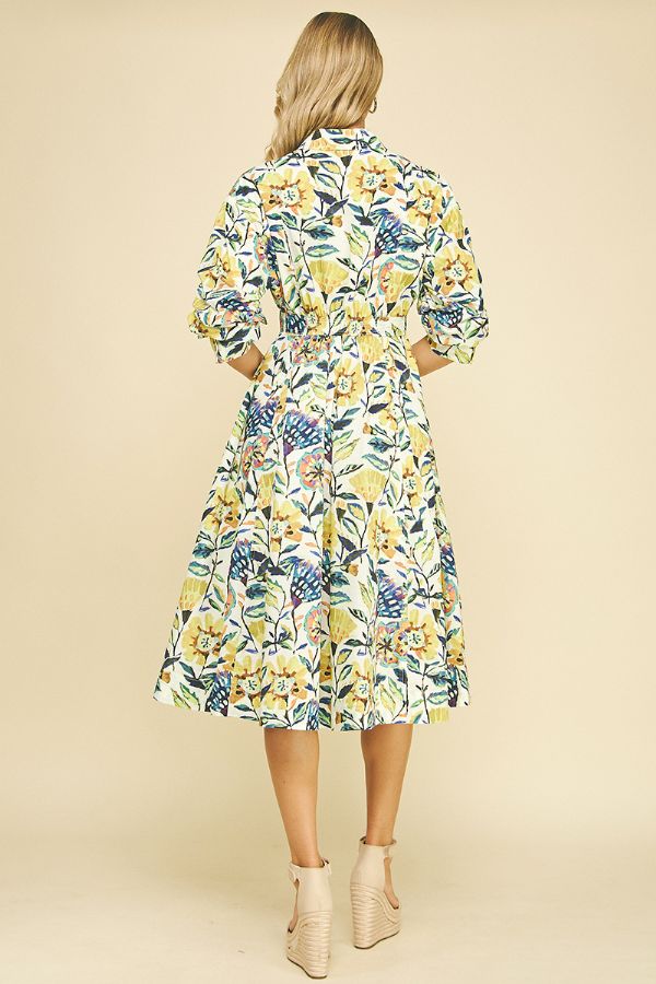 Floral Button Down Midi Dress - Cream Multi