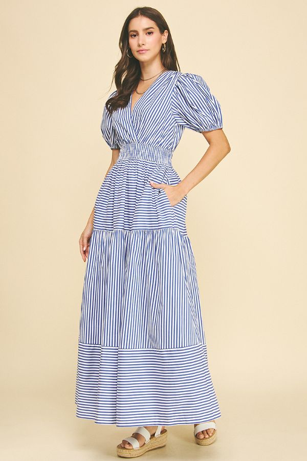 Striped Tiered Maxi Dress - Deep Blue