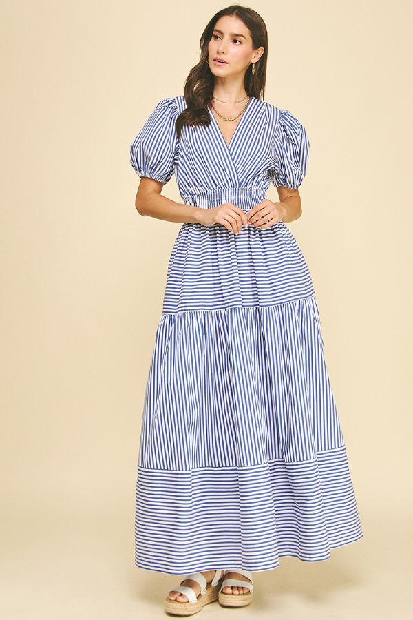 Striped Tiered Maxi Dress - Deep Blue