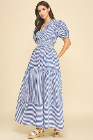 Striped Tiered Maxi Dress - Deep Blue