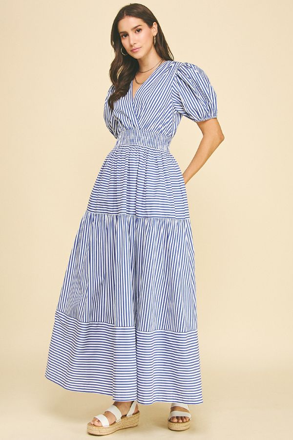 Striped Tiered Maxi Dress - Deep Blue