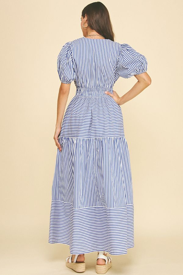 Striped Tiered Maxi Dress - Deep Blue