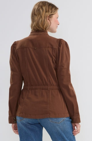 Puff Sleeve Trucker Jacket with Ruffle Collar - Carob Brown
