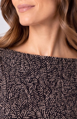 Long Sleeve Jewel Neck Knit Top with Shirring - Tan/black Multi