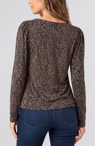 Long Sleeve Jewel Neck Knit Top with Shirring - Tan/black Multi