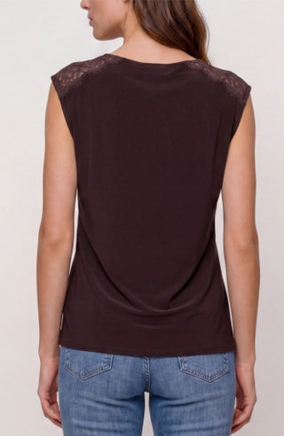 Draped Neck Sleeveless Knit Top with Lace - Java