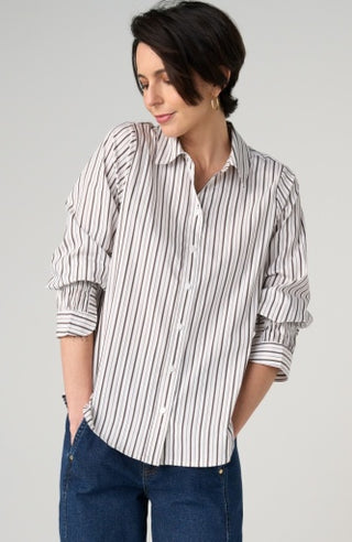 Adjustable Sleeve Button Front Woven Top - Cream with Dark Espresso