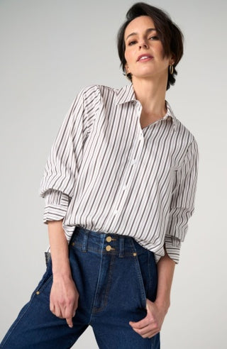 Adjustable Sleeve Button Front Woven Top - Cream with Dark Espresso