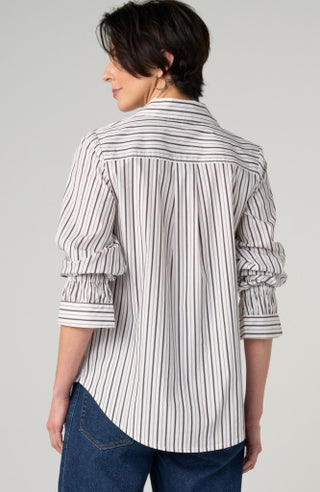 Adjustable Sleeve Button Front Woven Top - Cream with Dark Espresso
