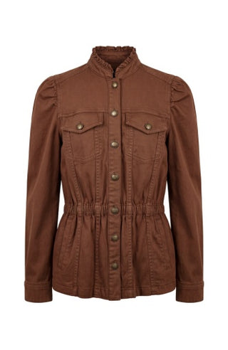 Puff Sleeve Trucker Jacket with Ruffle Collar - Carob Brown