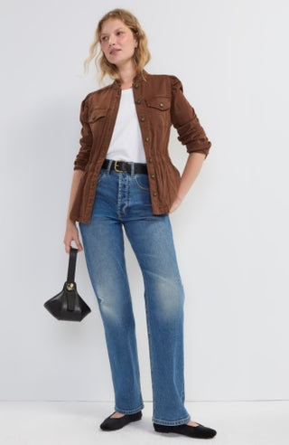 Puff Sleeve Trucker Jacket with Ruffle Collar - Carob Brown