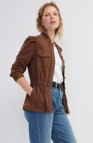 Puff Sleeve Trucker Jacket with Ruffle Collar - Carob Brown
