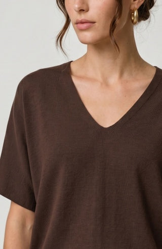 Short Sleeve V-Neck Dolman Popover Sweater with Step Hem - Java