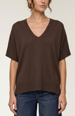 Short Sleeve V-Neck Dolman Popover Sweater with Step Hem - Java