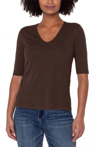 1/2 Sleeve V-Neck Double Layer Front Knit Top - Dark Espresso