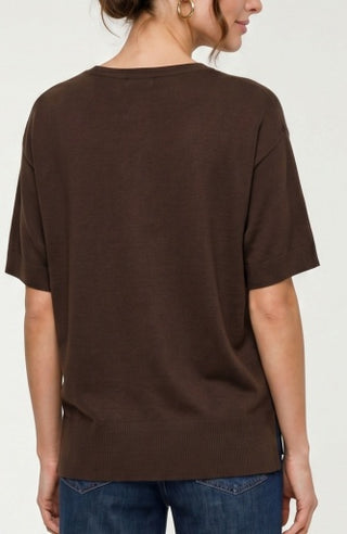 Short Sleeve V-Neck Dolman Popover Sweater with Step Hem - Java
