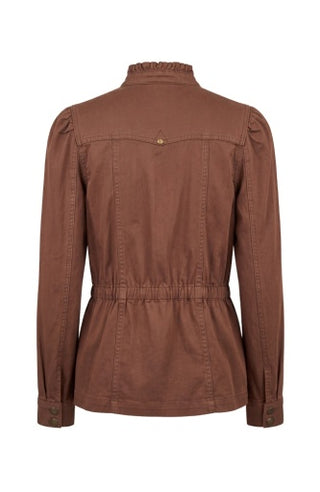 Puff Sleeve Trucker Jacket with Ruffle Collar - Carob Brown
